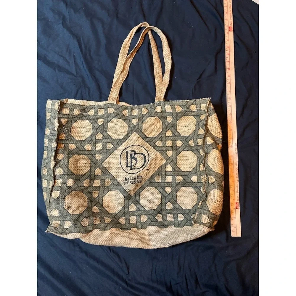 Ballard Designs Tote Bag L Natural/Tan Gray Geometric Logo Reusable jute boho BD